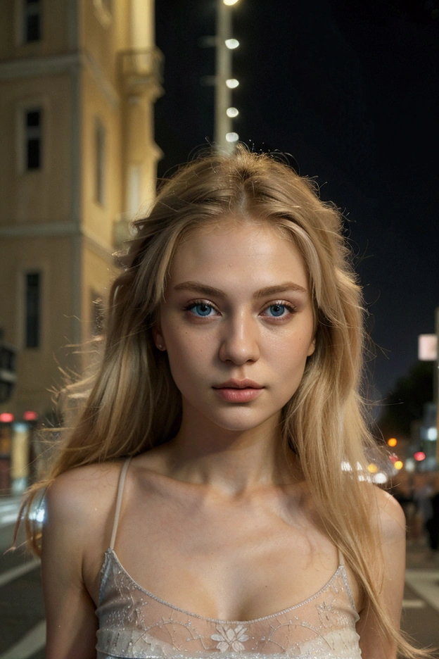 (best quality, high resolution, masterpiece :1.3), A beautiful russian woman, fit, Blonde hair, t-shirt, (City streets at night), Highly detailed face and skin textures, Delicate eyes, Double eyelids