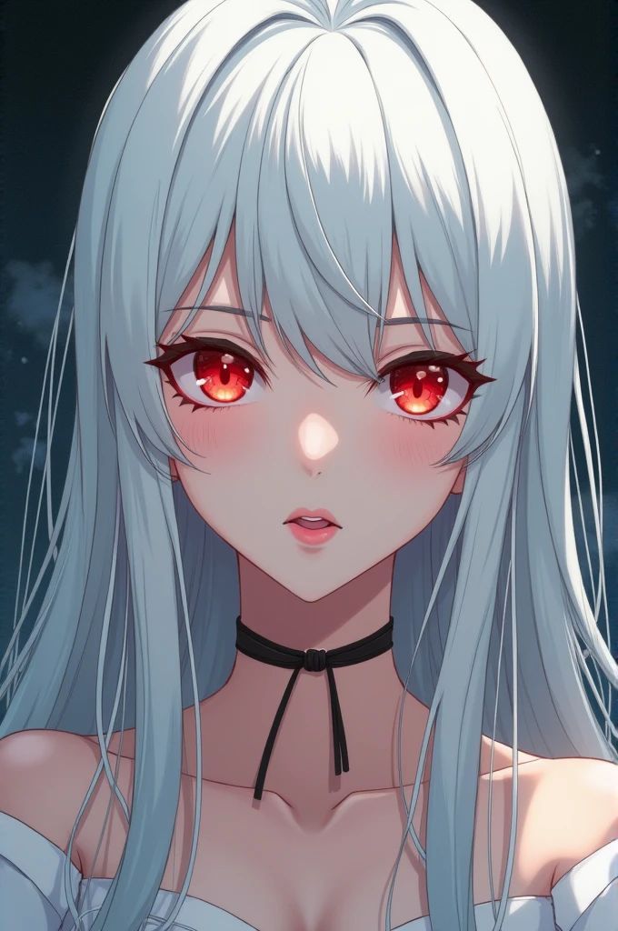 Anime style, a woman with straight white hair that goes down to her back, fair skin, and red eyes