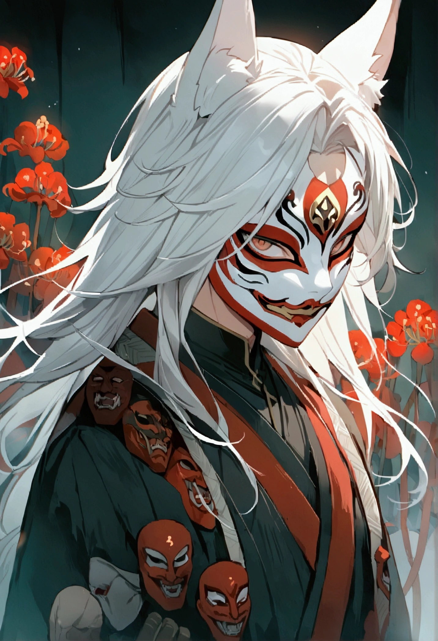 (AS-Young:1.1), (1boy:1.3), (male focus:1.3), (solo:1.1), solo focus, masterpiece, ((exquisite_detail)), illustration, (handsome), extremely_detailed_CG, anime male, long hair, white hair, hannya mask on face, hannya, masked, fox ears, masculine, face covered, surrounded by red spider lillies, dark atmosphere, traditional clothes