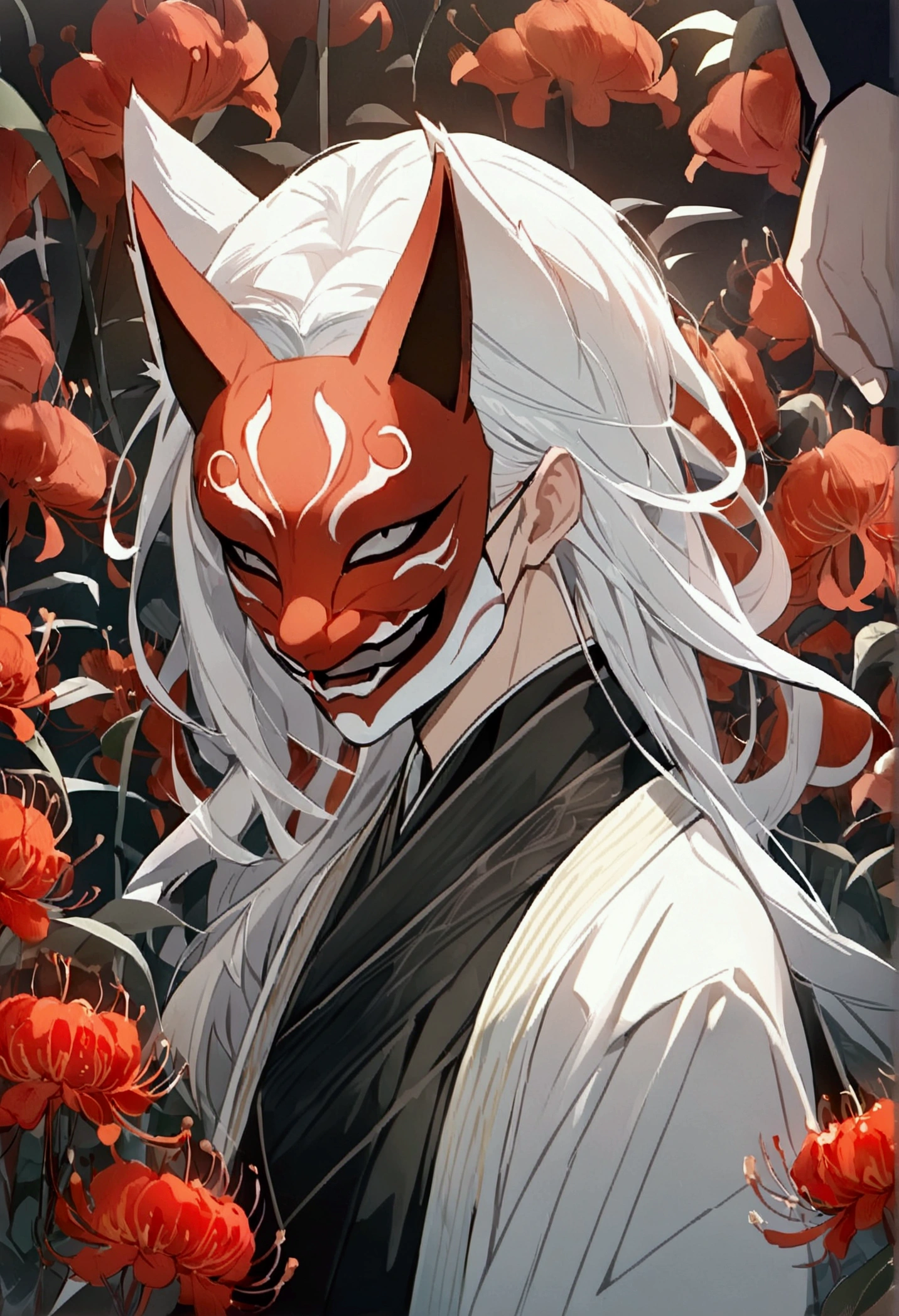(AS-Young:1.1), (1boy:1.3), (male focus:1.3), (solo:1.1), solo focus, masterpiece, ((exquisite_detail)), illustration, (handsome), extremely_detailed_CG, anime male, long hair, white hair, hannya mask on face, hannya, masked, fox ears, masculine, face covered, surrounded by red spider lillies, dark atmosphere, traditional clothes
