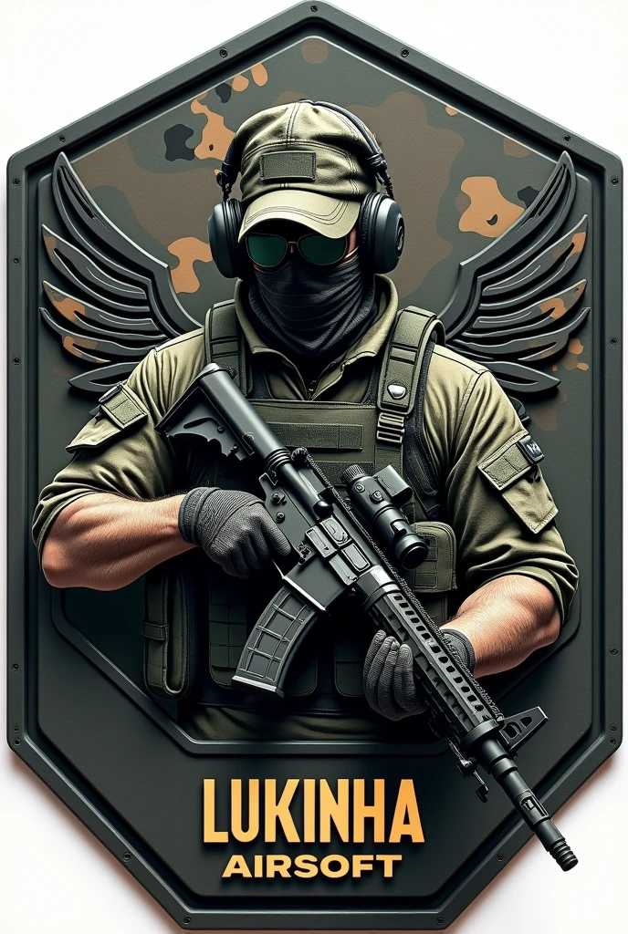 Create Hexagonal Rubberized Patch Cliché, camouflage coat of arms background, military coat of arms with the name Lukinha Airsoft, operator carrying an m4 rifle wearing a cap and headphones