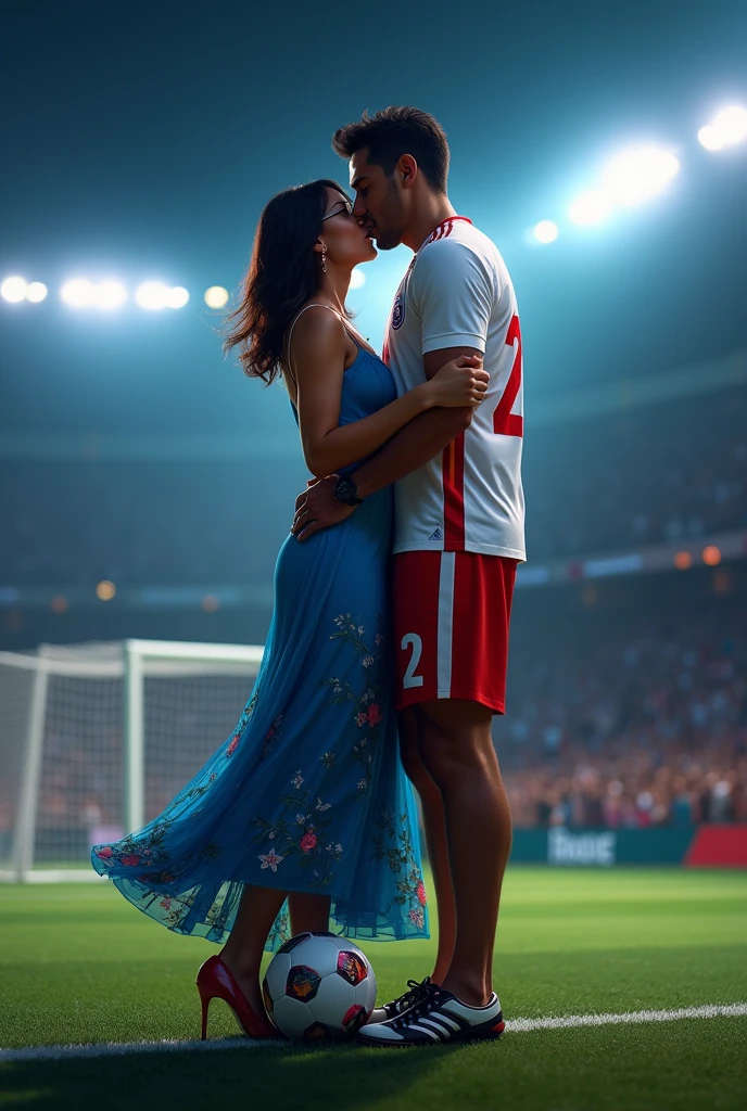 A man and woman kissing eachother in football stadium ground at night time all spot light on them woman is wearing glasses and had black hair . Woman is wearing long blue dress high heels . Man is wearing white and red colour 32 number jersey. Siddharth written on jersey. Woman is cupping man s face . Man s one foot resting on a soccer ball. Man is 1 feet taller than woman. Add some audiance in stedium . . Make it real .make boy handsome . Make dress long, floral and fluffy. .  Man and woman doing make out . Man 2 feet taller than woman. Jersey no 32. Add goal net in back ground 
