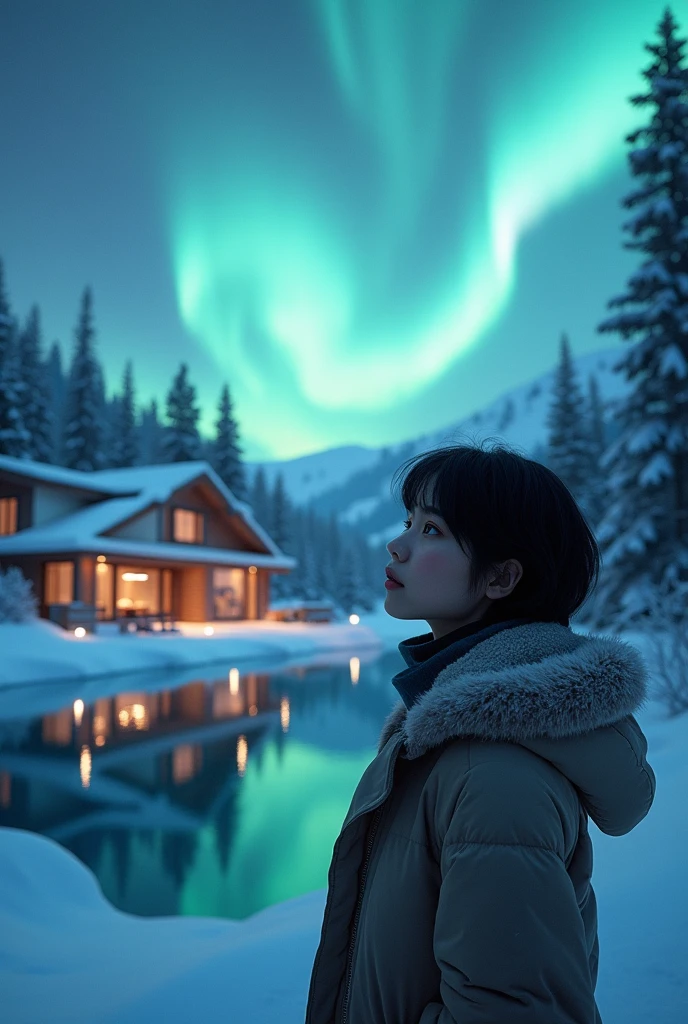northern lights with a frozen pool, a very luxurious and large cabin, a girl with short black hair and very warm clothes, beautiful and expensive at night