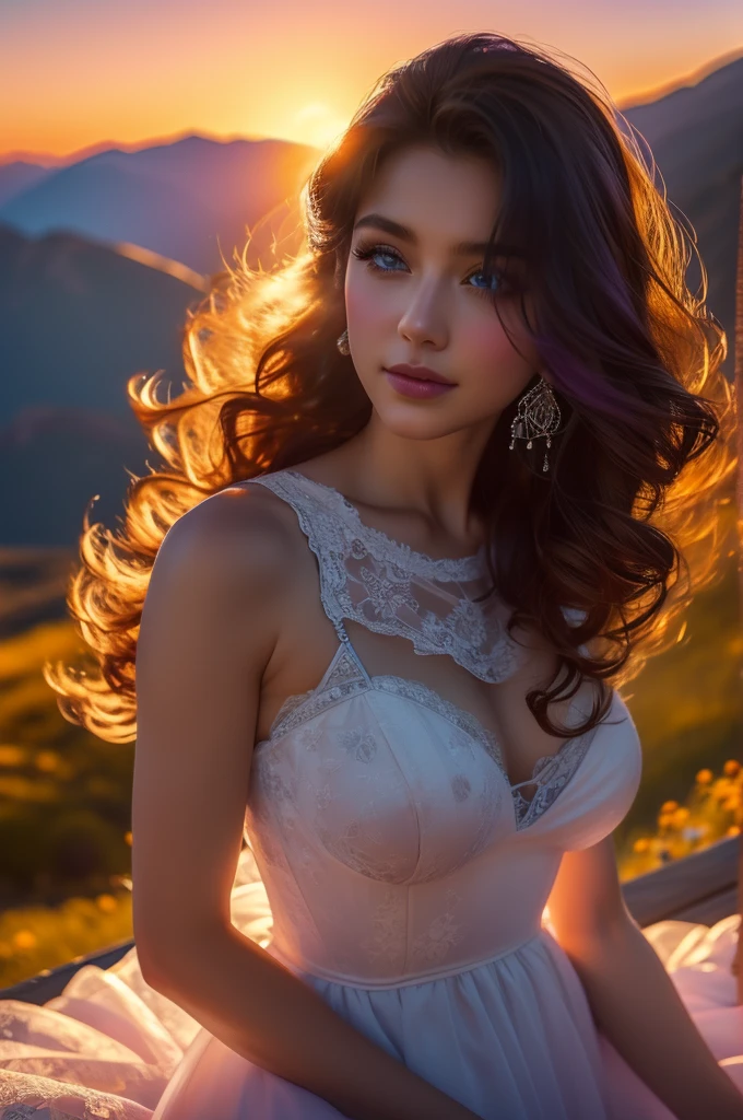 A beautiful woman stood atop a rocky outcropping, Her hair was swept up in loose curls that tumbled down her back, a subtle hint of makeup accentuated her high cheekbones, full lips, and flawless complexion. As she turned to face the camera, a soft smile played at the corners of her mouth, framing her delicate features and piercing blue eyes overlooking a breathtaking valley below. She wore a flowing wedding dress that billowed gently in the breeze ,the lace was delicately embroidered with tiny flowers and vines, while the hem was adorned with sparkling crystals that caught the light and glimmered like stars. In the foreground, a bed of wildflowers added a pop of color to the scene, with vibrant hues of pink, purple, and yellow. Bees buzzed lazily from blossom to blossom, collecting nectar in the golden light of the setting sun. The sun was setting behind the mountains, casting a warm orange glow across the vast landscape.