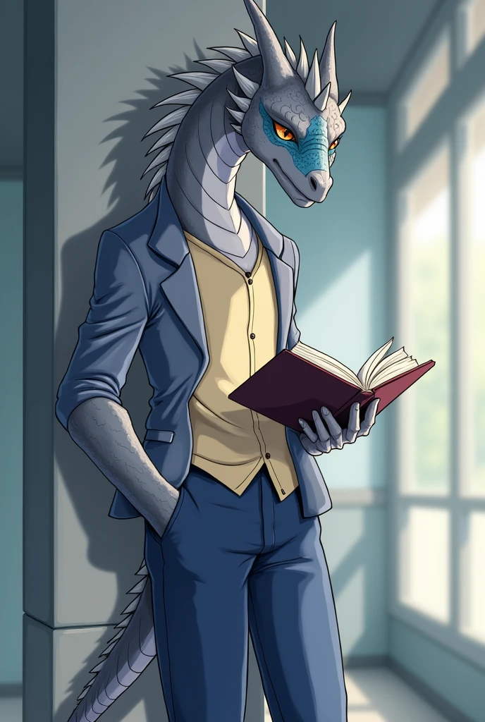 Male Dragon, gray color and white lines, there is a blue oval shape on his cheek, ideal body, high school student,  so OSIS, wear high school student council uniform, wear school pants, he is reading a book while standing with one hand, his eyes glanced, one more hand in the pocket, leaning against the wall, have one tail, graphic anime