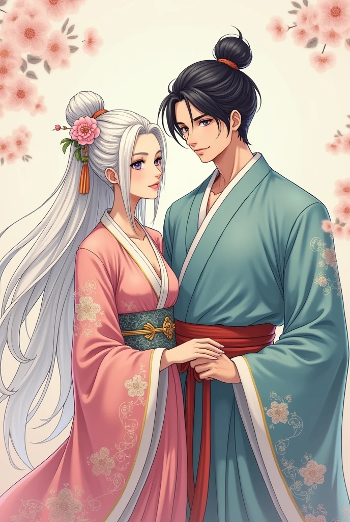 A couple consisting of a man and a woman A woman with LONG WHITE HAIR AND VIOLET EYES pale skin wearing traditional Asian clothing with English features and simple pastel-colored makeup is around 1 and is a woman of average height An Asian man wearing traditional Korean clothing in black and red eyes and black hair if he has a long back is around 30 years old and is quite tall ( 199) with an athletic and muscular body With the drawing style of One Piece