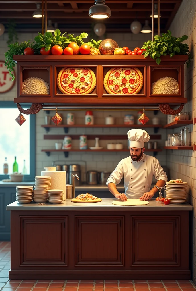 Pizzeria counter with overhead shelf
