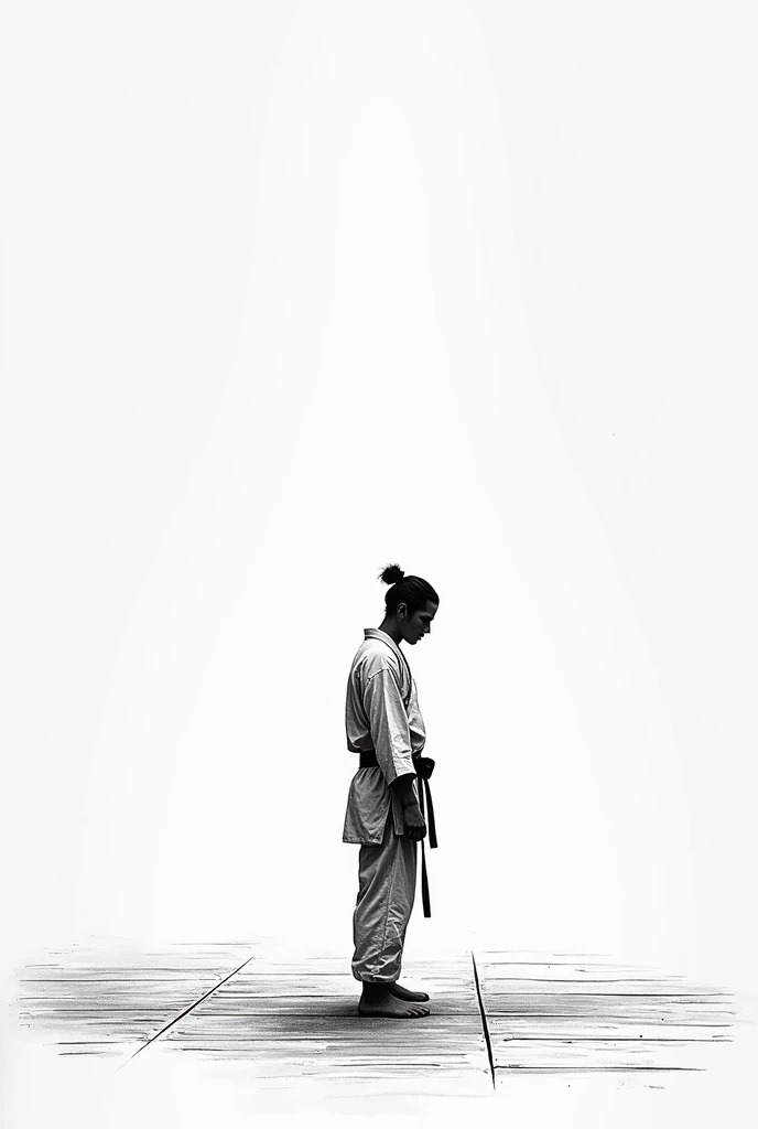 Make me a photo where karate can be represented as a way of being alone in a dojo as I draw in pencil that is horizontal and there is no woman