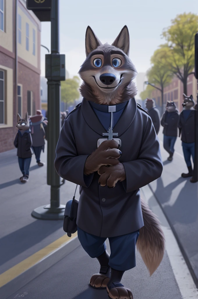 Larry (Zootopia), young wolf, gray fur, (brown body:1.3), beautiful blue eyes, Zootopia, Catholic priest,Cardinal,pectoral cross white collar,dog shoes,wolf, detailed fur, Male, second, paw pads, claws, looks at the viewer, 5 fingers, paws, 4 toes, B is walking down the street,waiting for the bus,
BREAK from nextel, for dating, by xenoforge, (difficult, high detail,digital photography, soft focus,close to the camera, smile, positive, Good, mood, Houses, looks at the viewer, очень close to the camera,catholic priest, On the street is going, on a bus,
photorealism, realistic, photorealistic,digital style, subsurface scattering,очень close to the camera
шедевр, Best quality, ultra realistic, 8 thousand.)