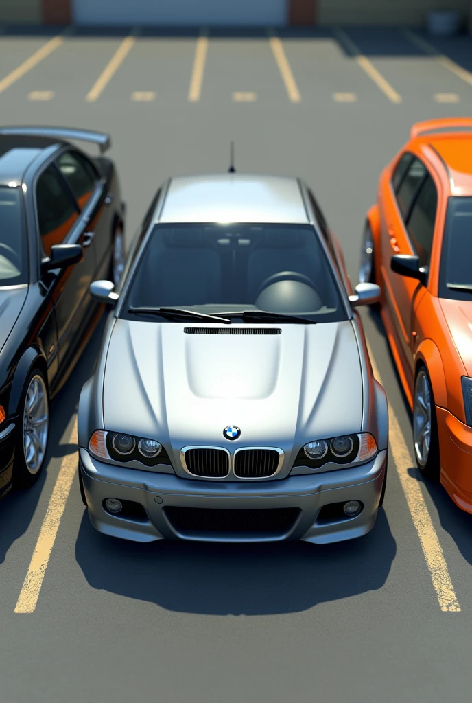 Im Stil von Pixar 3D- The animated film. A silver BMW E46 Compact stands in a parking lot, To his left and right are a black BMW E60 Sedan and an orange Ford Focus RS MK1.