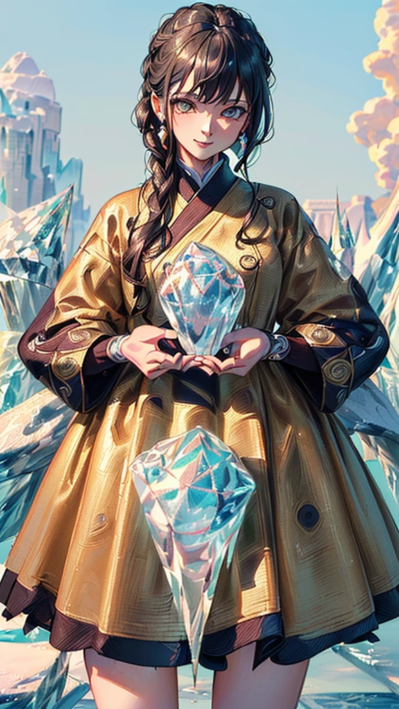(((masterpiece, High resolution, accurate, Anatomically correct, most high quality, Very detailed, high quality, Ultra high definition:1.5))), Big Tits, Earrings, Sparkling eyes, moving line, Speed Line, mage,sexy pose,(((one woman,master of ice,Cowboy Shot, :1.5))),smile,Different world,another world,city、throne