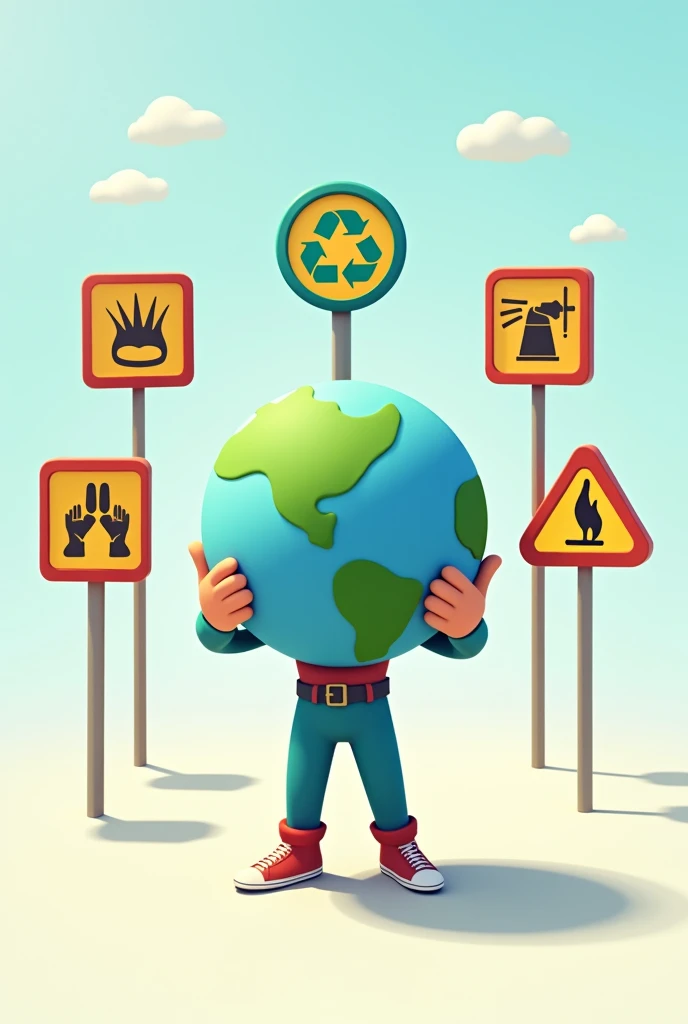 Animated human  holding earth and five safety signs around the animated human 