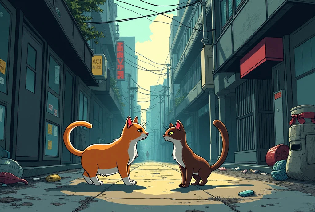 Draw (with the manga line) a cat meeting a weasel in the big city, near an alley