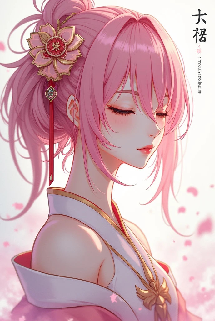 (White background:1.4),(Yae Miko head silhouette, Genshin Impact, Eyes closed, pink hair, Oriental elements)，(Chinese illustration:1.3，Paper Art:1.3, キルティングPaper Art:1.2),( Streamlined Design, Clear lines, High sharpness,Better Quality, Very detailed, Master Parts, Film Light Effect, 4K ) Illustration design, porcelain doll skin, beautiful detailed purple eyes, beautiful detailed lips, extremely detailed gold eyes and face, long eyelashes, upper body, from side, looking at viewer, (fractal art:1.3), (pink hair:1.2), water, liquid, cloud, colorful, starry, stars, (best quality, 4k, 8k, highres, masterpiece:1.2), ultra-detailed, (realistic, photorealistic, photo-realistic:1.37), vibrant colors, studio lighting, extremely detailed description, professional, concept art, surreal, 1920s french vibe, monochromatic gold and pink palette, in the style of french illustrator moebius, gold elements,