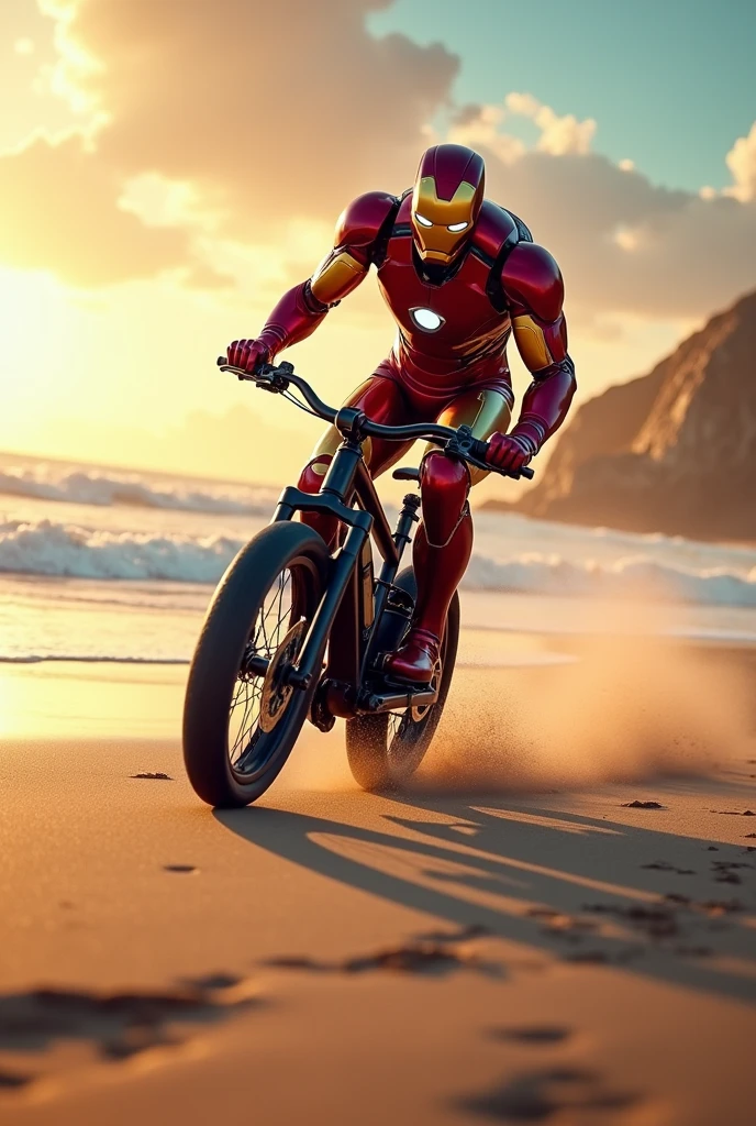 Iron man doing bike on the beach
