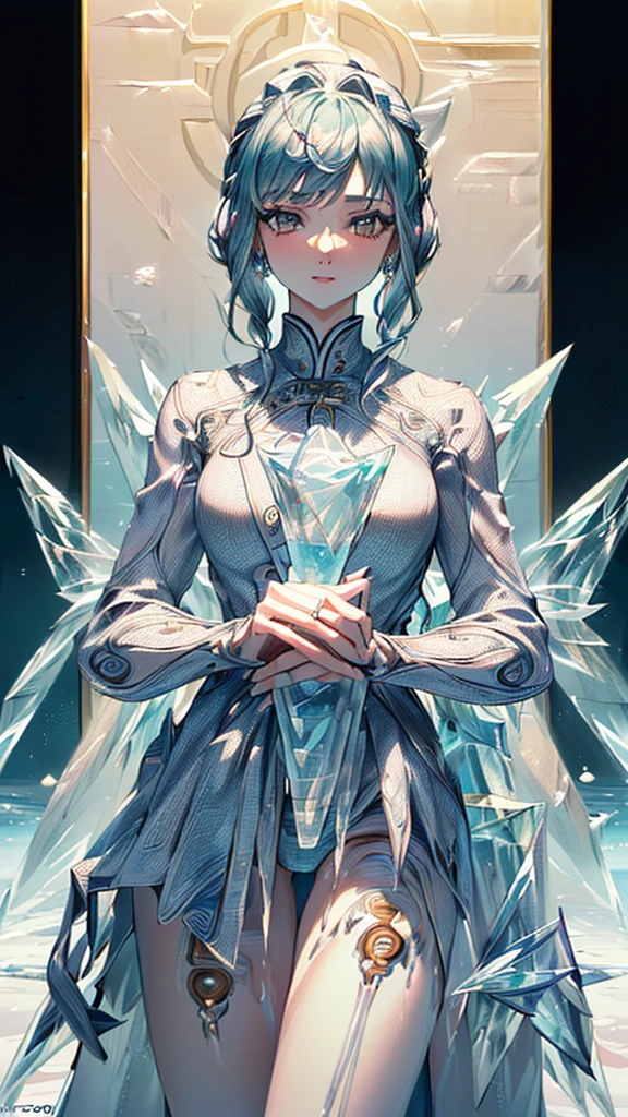 (((masterpiece, High resolution, accurate, Anatomically correct, most high quality, Very detailed, high quality, Ultra high definition:1.5))), Big Tits, Earrings, Sparkling eyes, moving line, Speed Line, mage,sexy pose,(((one woman,master of ice,Cowboy Shot, :1.5))),smile,Different world,another world,city、throne