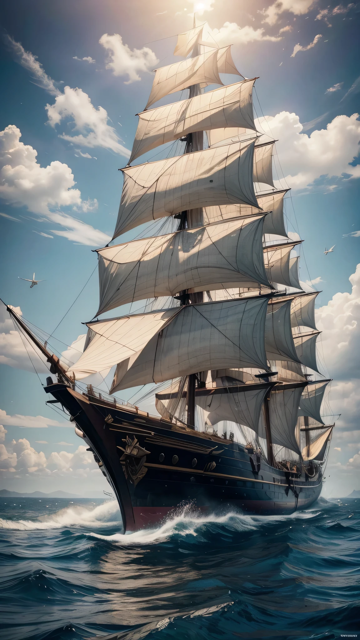 Medieval warship with large, high-powered cannons sails across vast seas alongside its dragon