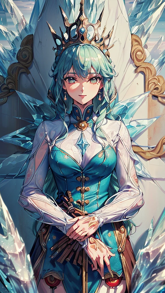 (((masterpiece, High resolution, accurate, Anatomically correct, most high quality, Very detailed, high quality, Ultra high definition:1.5))), Big Tits, Earrings, Sparkling eyes, moving line, Speed Line, mage,sexy pose,(((one woman,master of ice,Cowboy Shot, :1.5))),smile,Different world,another world,city、throne