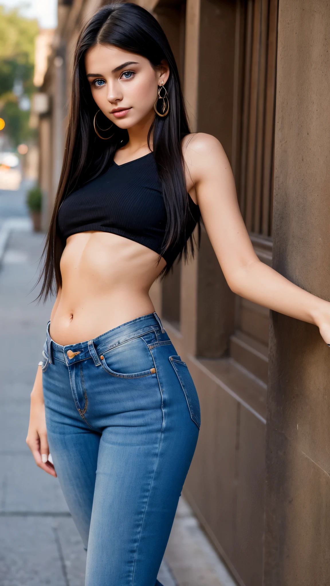 Beautiful 18 year old brunette girl with fair skin, blue eyes, long straight black hair, wearing earrings, wearing a shirt and high waisted jeans with thick legs showing her belly button
