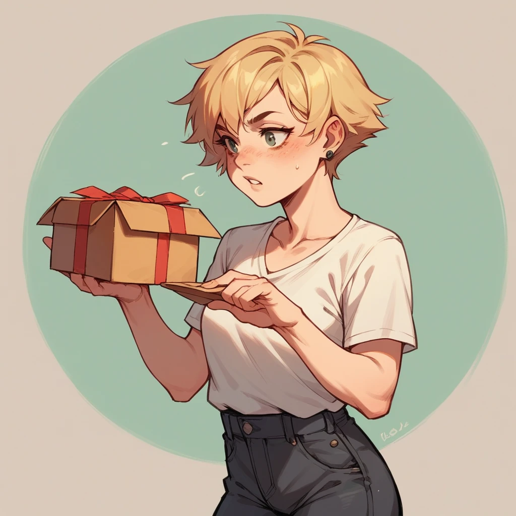 Your ex (in her mid 20s) is holding a box of her stuff you had for her. she has trendy clothes on and has short blonde hair