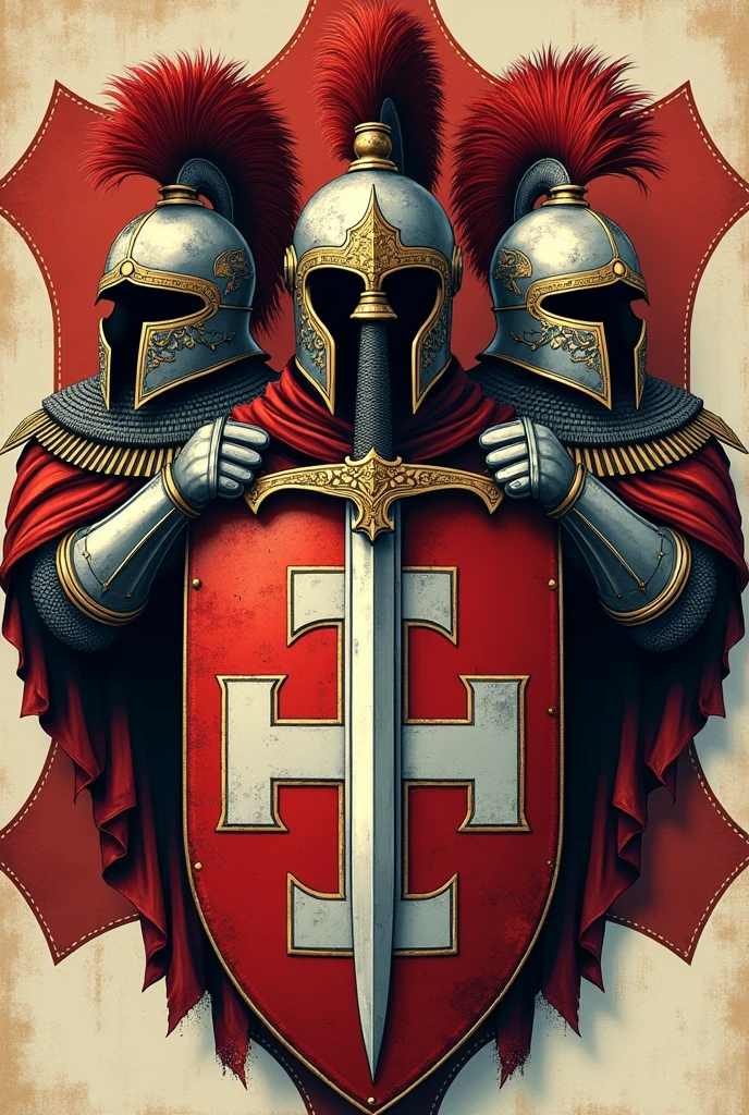 Create a coat of arms with 3 helmets and a long sword in the style of the Templars