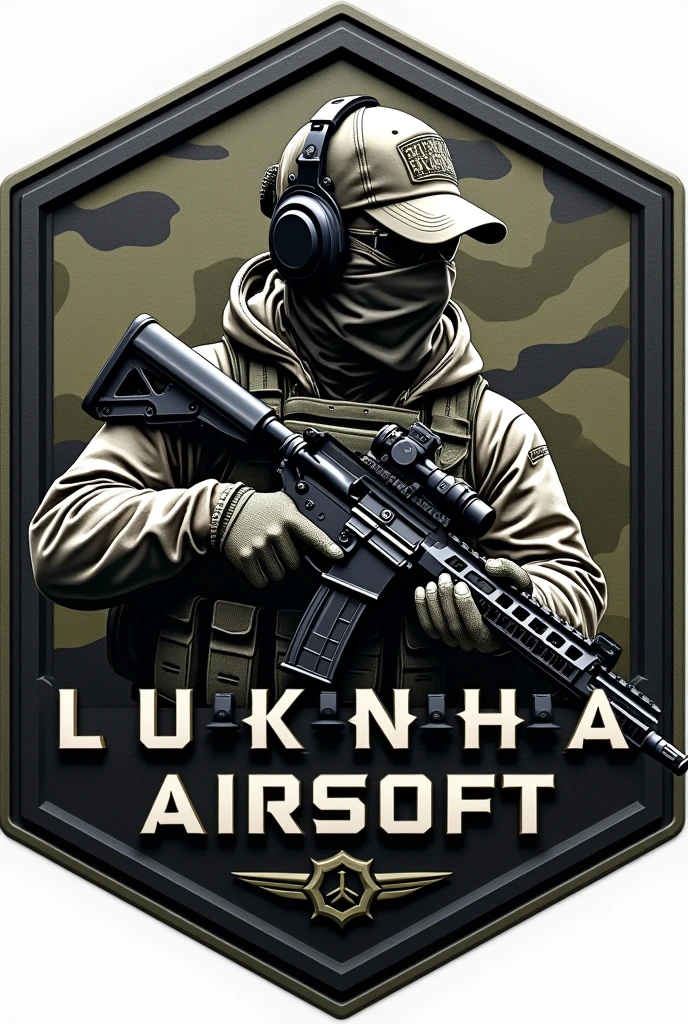 Create Hexagonal Rubberized Patch Cliché, camouflage coat of arms background, military coat of arms with the name Lukinha Airsoft, operator carrying an m4 rifle wearing a cap and headphones