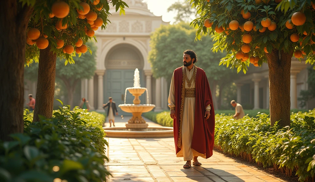 Create a hyper-realistic and mysterious image of a lush garden inside Solomon's palace, where he walks calmly among fruit trees and fountains, symbolizing the prosperity that comes from careful planning and investment. No fundo, a team of gardeners is working, pruning and caring for plants, representing the constant maintenance that well-planned finances require. The golden sunlight shines through the leaves, creating soft shadows and an atmosphere of peace and prosperity. The scene should capture the idea that, with financial planning, it is possible to cultivate a full and abundant life.