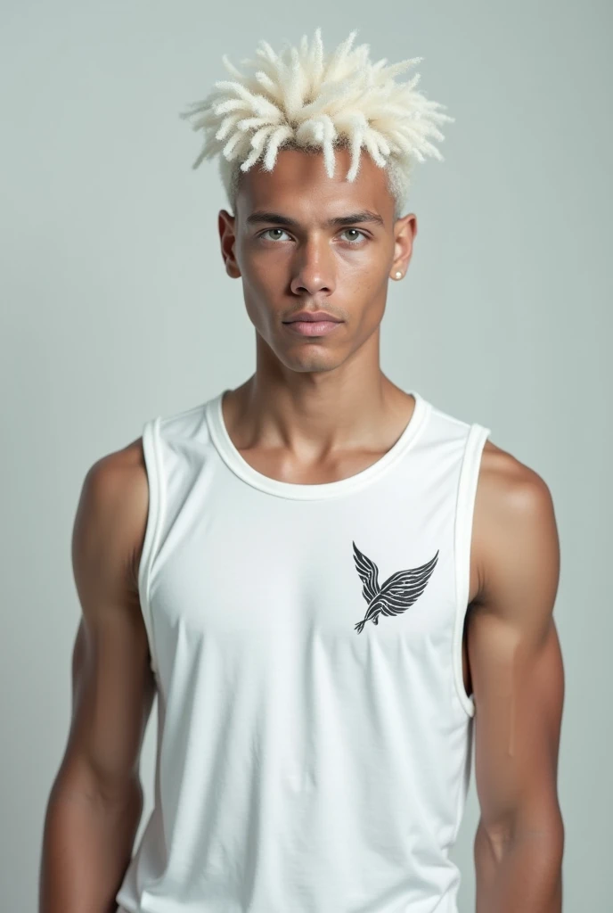 An 18 year old Brazilian man with short curly white hair, with very white eyes and his skin is white,and his body is robust with a white tank top and a wind symbol on his right chest