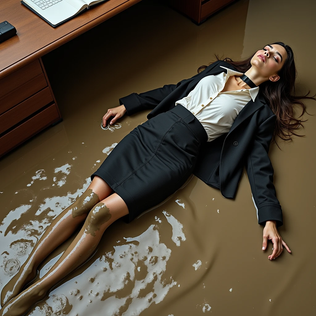A realistic photo of one slender business goth lady, model-like appearance with long hair. She is dressed in long black business pencil skirt(very torn and very tired and very ripped and mud covered) made from cotton fabric, black business jacket made from cotton and wool fabric. black business vest, white muddy shirt, stockings, black choker on the neck. She located in very muddy and very flooded office. She lie on backs leaning on her elbows deep in dirty water and liquid mud, she smears a lot of liquid mud on her black business pencil skirt, jacket, vest, shirt, stockings, face, hair from head to toe. Her skirt and jacket extremely stained and covered with liquid mud, dirt and streaks from it, which has flows down from her jacket, shirt to her skirt, creating a messy and sloppy appearance. The light brilliantly illuminates all her clothes in details, casting small shadows and emphasizing the texture of the liquid mud on her clothes. View angle of the camera from top and rotated in different angle from the business lady.