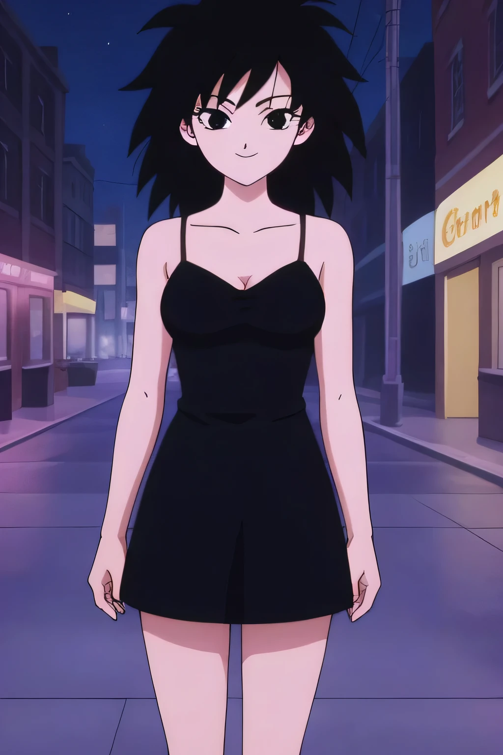 source_anime, score_9,score_8_up, score_7_up,  ginedb, anime screencap, 1girl, solo, looking at viewer, smile, medium breasts, black hair, city, bare shoulders, medium breasts, smile, standing, cowboy shot, medium hair, black eyes, spiked hair, eyelashes, masterpiece, best quality, very aesthetic, absurdres, taut dress, spaghetti strap, black dress, sleeveless, night, street, standing up, lights in the streets, cowboy shot,
 