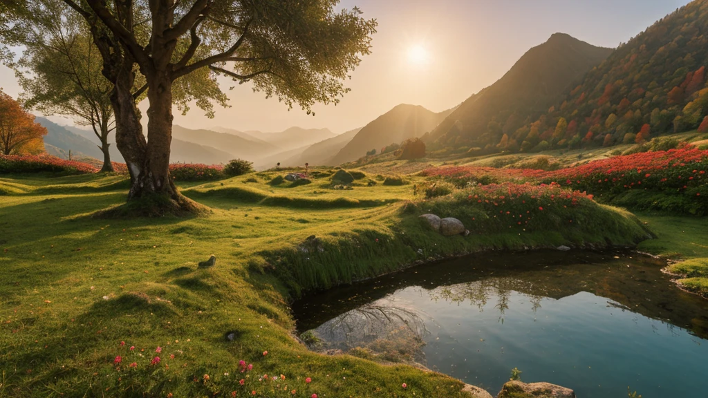 fairytale view with fantasy fairy garden in a wide steep valley with huge dramatic mountains in the distance,autumn, very deep clear water natural pond, rocks plants flowers shrubs trees moss lawns grass animals,sunrise and strong sunbeams,very hazy,extreme details,photorealistic,4k,HD,beautiful,nature, dreamy, low shot,ground level photo, good luminosity