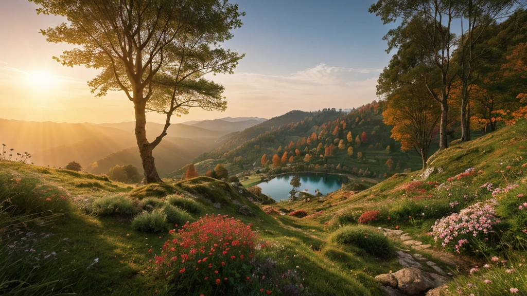 fairytale view with fantasy fairy garden in a wide steep valley with huge dramatic mountains in the distance,autumn, very deep clear water natural pond, rocks plants flowers shrubs trees moss lawns grass animals,sunrise and strong sunbeams,very hazy,extreme details,photorealistic,4k,HD,beautiful,nature, dreamy, low shot,ground level photo, good luminosity