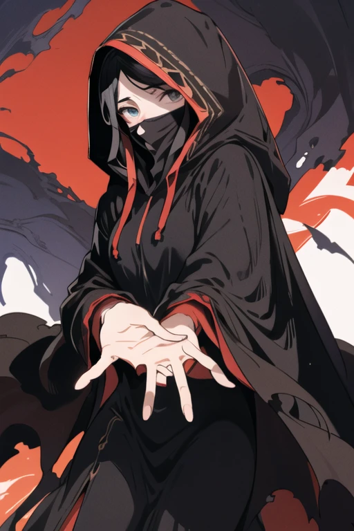 NNAssassinFSF, 1girl, solo, black hair, long cape sleeves, sleeves covered hands, long skirt, robe dress, long cape, cape, black cloak, hood up, black robe, covered mouth, white gloves, mask, hooded cloak, ((masterpiece, best quality)), from below, happy eyes 