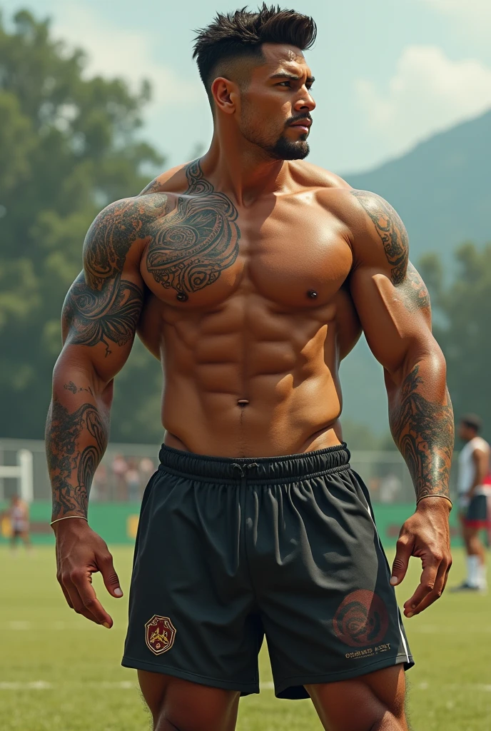 a male football player with a Maori style tattoo on his right calf with the Myron Discus Thrower on the back, a man with slanted eyes, brazileiro, 1,70 cm defined body, shirtless s wearing sports shorts with brown eye color and an outgoing personality 