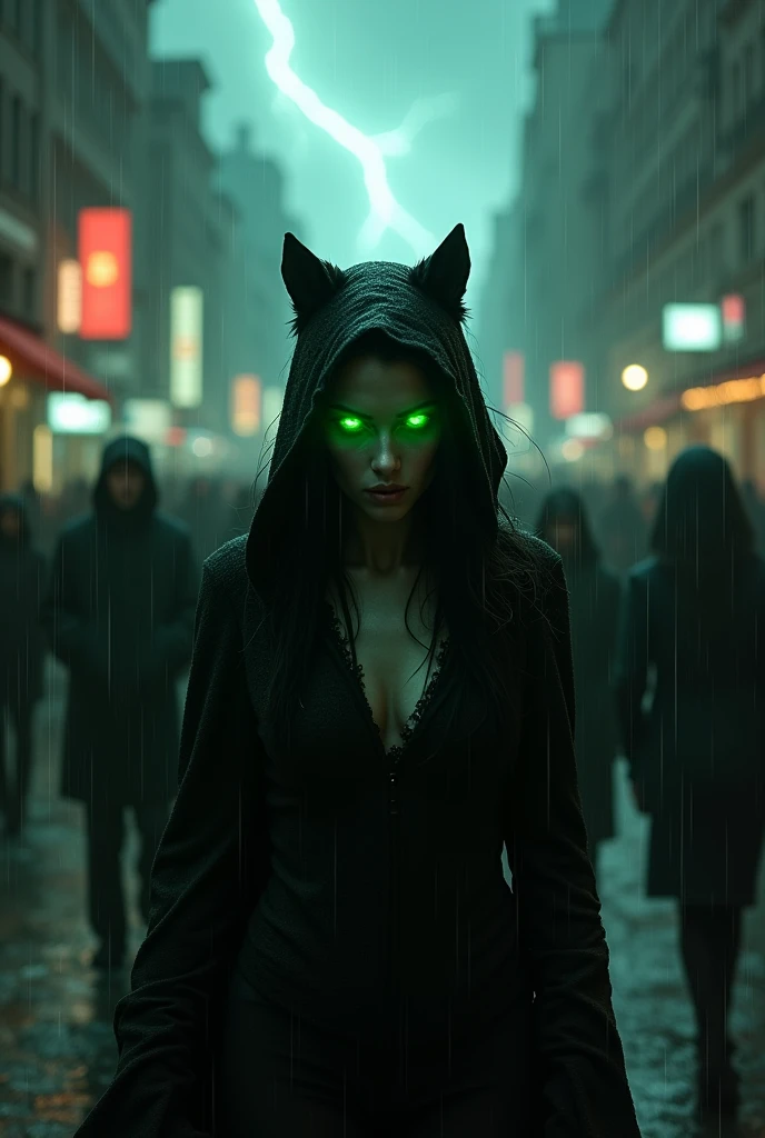 Scared green-eyed female werewolf, walks alone among people, wearing his black robe hiding from the rain and lightning.
