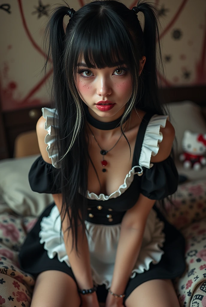 core_9, score_8_up, score_7_up, (masterpiece, intricate:1.3), (best quality, high detail:1.2), (4k),(incredibly detailed:1.4), very detailed background, cinematic lighting, volumetric lighting,, Adult Girl, maid outfit, Bblack hair,long hair,black bangs, perfect hands, malicious expression, perfect toes, heart pupils, ((1 girl, solo)),perfect body, perfect eyes, extremely detailed eyes and face, emo subculture , ((black hair with metallic blonde highlights)), ((emo hairstyle:1.4)), (ponytails:1.2), choker, cute face, blush, Slim figure, narrow waist, wide hips, (high breasts), (huge breasts: 1.2), perfectly round breasts, perfect round butt, wide hips, toned figure, ((( messy bedroom decorated in goth style ))), (pentagrams drawn on the wall with Sharpie markers), posing,(( boob focus,)) bend forward, cleavage, sitting in bed, (Hello Kitty plush dolls in bed,:1.2), ((bitten lower lip.)),(((excited look) )), photograph taken in 1993, amateur photograph from 1993, candid photography, retrobigguns.