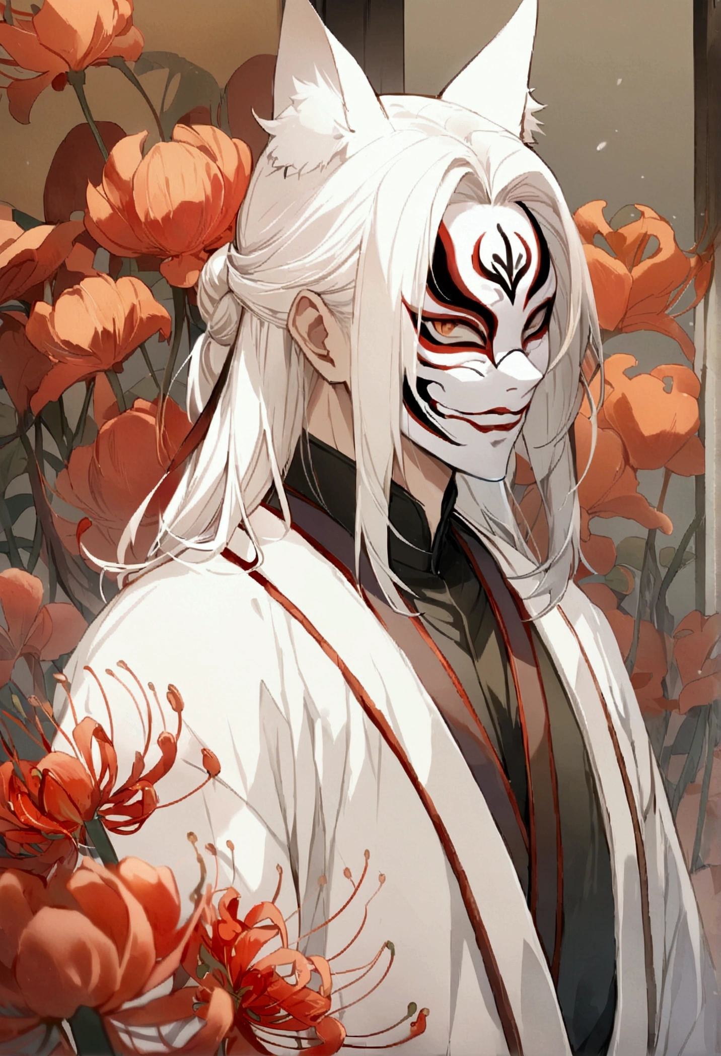 (AS-Young:1.1), (1boy:1.3), (male focus:1.3), (solo:1.1), solo focus, masterpiece, ((exquisite_detail)), illustration, (handsome), extremely_detailed_CG, anime male, long hair, white hair, hannya mask on face, hannya, masked, fox ears, masculine, face covered, surrounded by red spider lillies, dark atmosphere, traditional clothes high res, masterpiece, illustration, chinsese traditional style