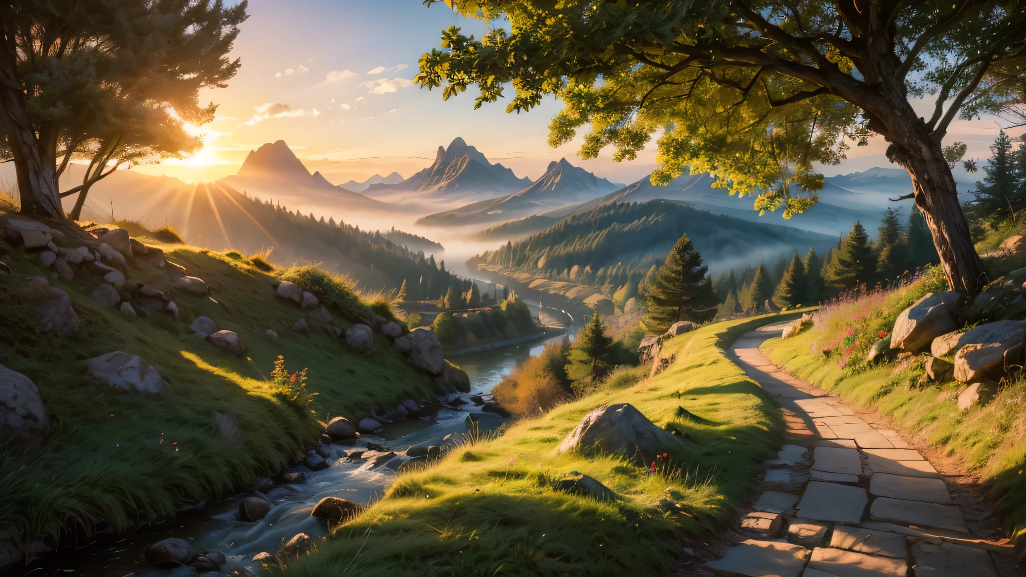 fairytale view with fantasy fairy pathway in a wide steep valley with huge dramatic mountains in the distance,autumn, rocks plants flowers shrubs trees moss stream lawns bridge grass animals,sunrise and strong sunbeams,very hazy,extreme details,photorealistic,4k,HD,beautiful,nature, dreamy, low shot,ground level photo, good luminosity