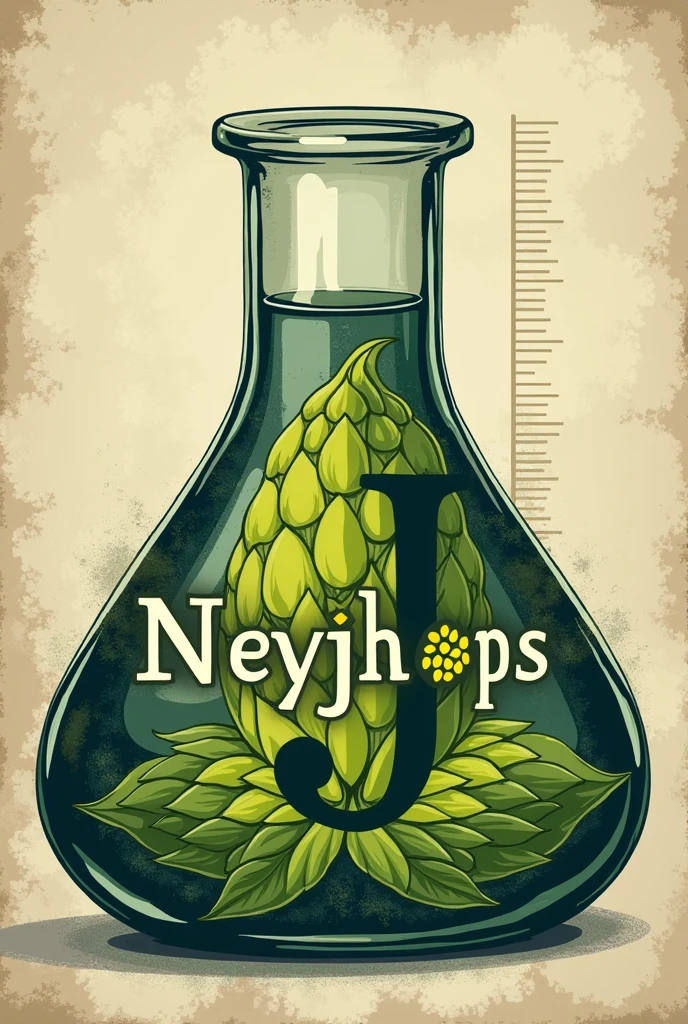 Logo for a beer bottle that says neyjhops, The logo must be inspired by chemistry flasks, The name must contain an image of a hop 