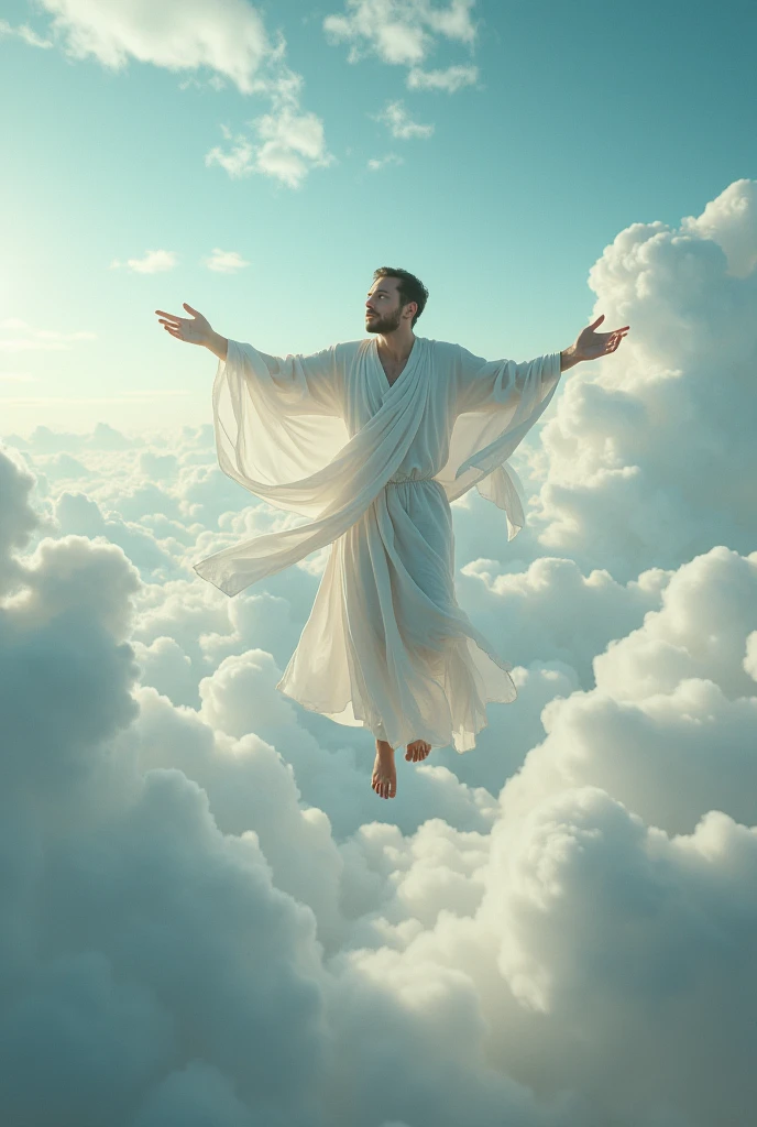 person with surreal air powers man among the clouds controlling the air in white clothes man
