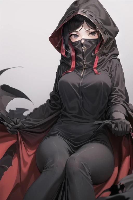 NNAssassinFSF, 1girl, solo, black hair, long cape sleeves, sleeves covered hands, long skirt, robe dress, long cape, cape, black cloak, hood up, black robe, covered mouth, white gloves, mask, hooded cloak, ((masterpiece, best quality)), from below, happy eyes