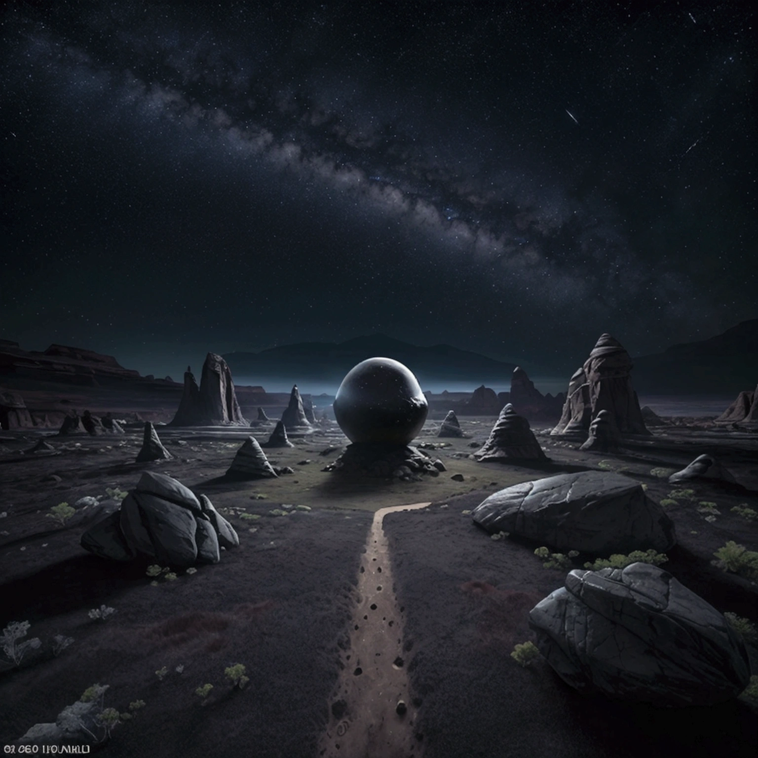 A shot of an alien otherworldly landscape filled with geometrical hills and rocks scattered around. The ground is filled with rocks and weird low flora. Floating geometrical 3D shapes levitating above ground ground all over. The word "500" made of crystal and is on the center of the scene emerging from the ground. It's night time and the sky is pitch black full of stars and planets very visible. Realistic, hyperrealism, high resolution, extreme details, extreme quality, volumetric lighting, sharp details, 4k hdr
