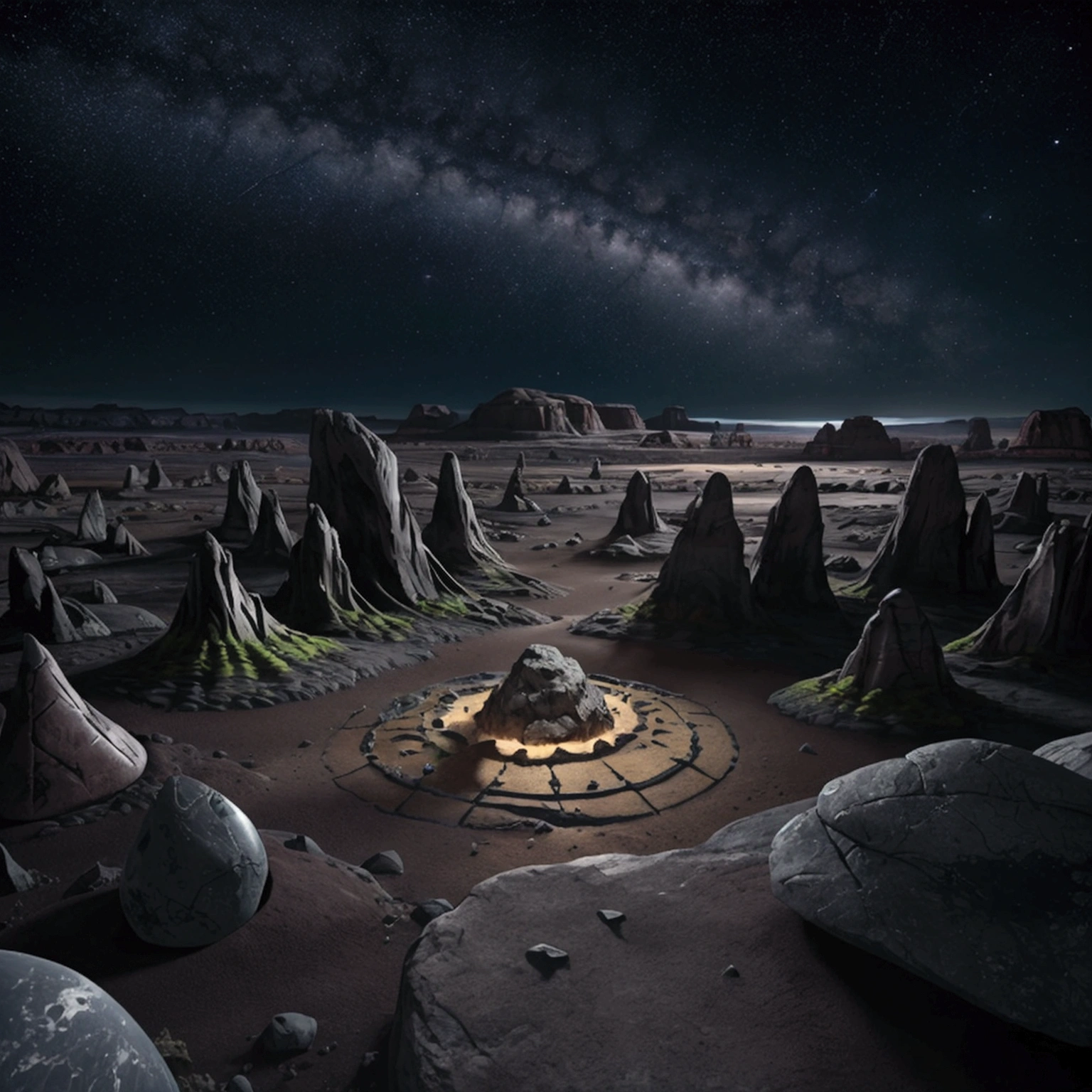 A shot of an alien otherworldly landscape filled with geometrical hills and rocks scattered around. The ground is filled with rocks and weird low flora. Floating geometrical 3D shapes levitating above ground ground all over. The word "500" made of crystal and is on the center of the scene emerging from the ground. It's night time and the sky is pitch black full of stars and planets very visible. Realistic, hyperrealism, high resolution, extreme details, extreme quality, volumetric lighting, sharp details, 4k hdr