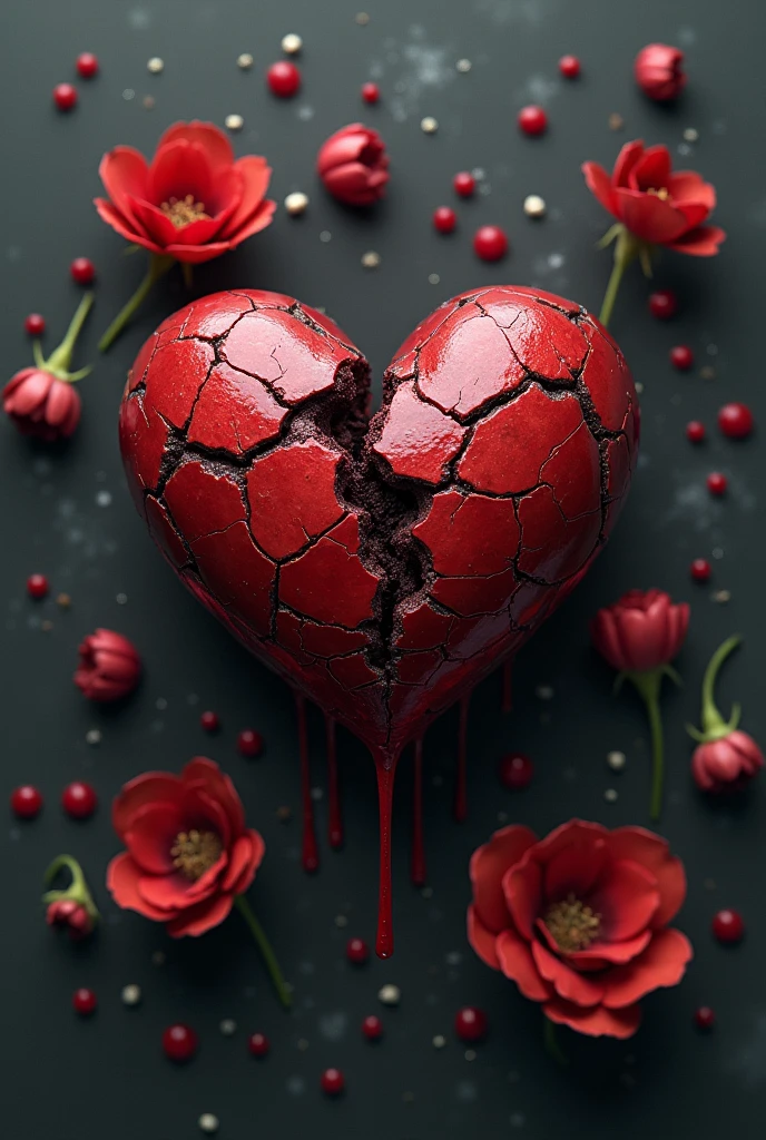 toxic love, broken and bleeding heart with wilted flowers around it