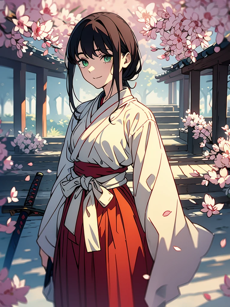 ((((masterpiece, Best Quality, Ultra-high resolution, Best illustrations)))), ((Portrait of a person standing against a white background)), (Very delicate and cute face, Sparkling Eyes), A beautiful 18-year-old shrine maiden girl named "Midori" is standing diagonally to the left alone., (((She is wearing a wooden sword at her waist.))), smile, Medium length black hair, Clean green eyes, Long red Hakama, long boots,