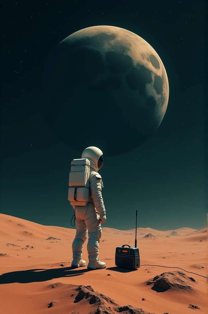 An unrealistic drawing of an astronaut alone in space with a radio beside him, he is seeing a planet that is a dark desert and there behind it a dark moon.in this space there is no sun