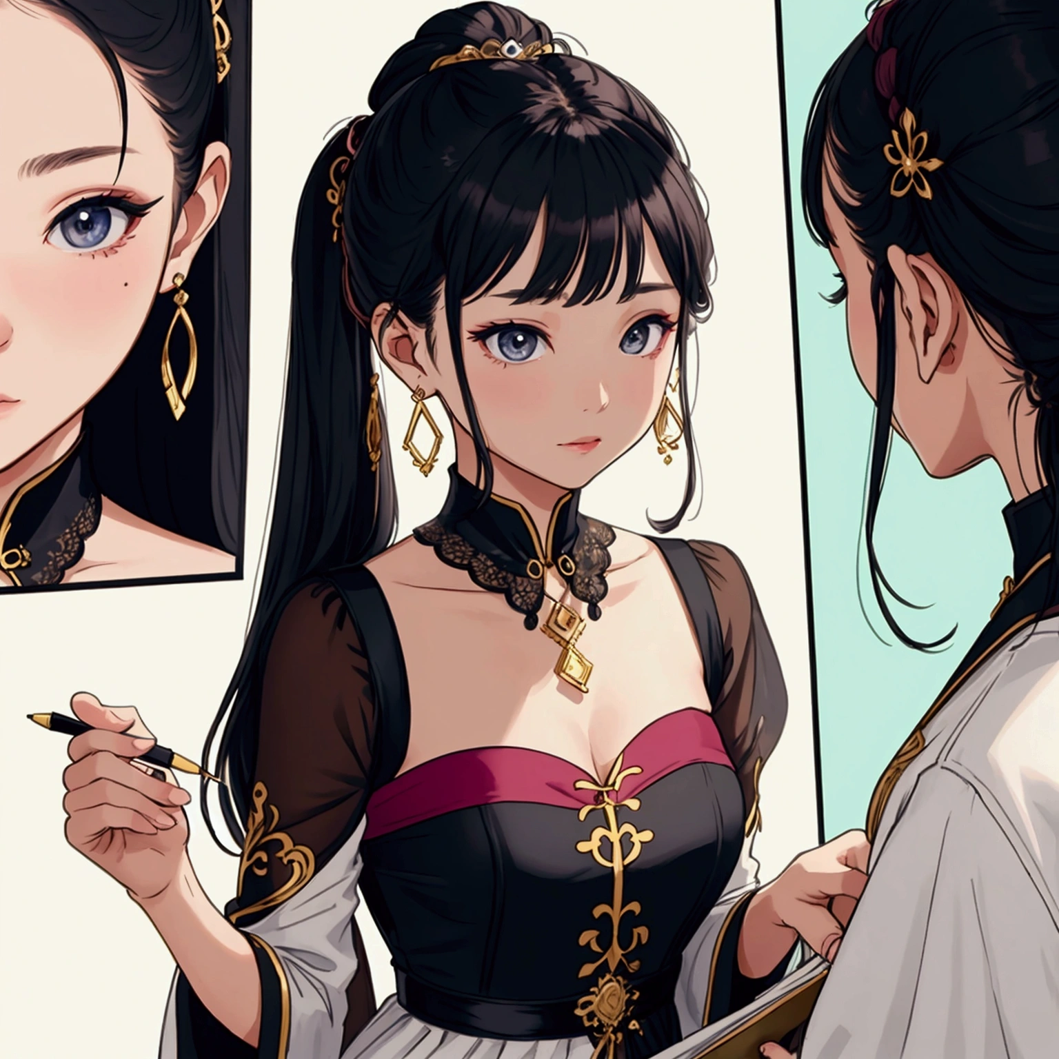 1. Facial drawing:
Basic shapes: Start by drawing a circle or oval shape to serve as the character's face frame
Facial position: Sketch lines to help position the eyes, nose, and mouth
Details: วาดรายละเอียดของดวงตา nose และปาก รวมถึงรูปทรงของใบหูและกราม
ลักษณะเฉพาะ: Add more details that make the face unique, such as hairstyle or facial characteristics
2. Hair drawing:
Basic hairstyles: เริ่มจากการวาดโครงของทรงผมให้เป็นBasic shapesก่อน
รายละเอียด: Add hair details, considering hair length, shape, and direction
Highlighting light and shadows: Use shadows and highlights to add dimension and depth to the hairstyle
3. Drawing costumes:
Outline: เริ่มด้วยการวาดOutlineของชุดที่สวมใส่
รายละเอียดของชุด: Add details such as the collar, sleeves, and shape of the outfit, as well as any patterns or embellishments that exist
Fabric: Observe where the fabric has creases or wrinkles, and add that detail to the image
4. Drawing accessories:
Structure: Draw the framework of the accessories such as rings, necklaces, or bracelets
Details: Add details to accessories such as gemstone embellishments, patterns, and decorations
Illumination: Use light and shadow to make accessories look dimensional and shiny
5. Coloring and detail management:
Color selection: Color selectionที่เหมาะสมสำหรับผิวหนัง ชุดการแต่งกาย และเครื่องประดับ
ลงสีพื้นฐาน: Color the base for each part
Adding shadows and highlights: Use shading and highlighting techniques to add dimension to the image