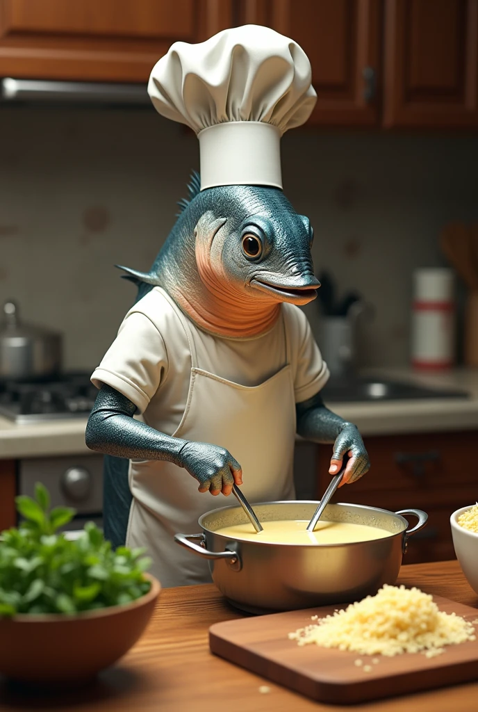 Create an image of a salmon making a bechamel sauce