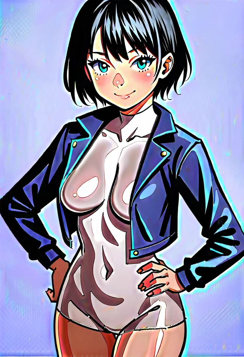 score_5_up,score_6_up,score_7_up,
 1girl, bangs, black hair, blush, breasts, closed mouth, cowboy shot, short jacket, grey background, hand on hip, bodysuit, medium breasts, looking at viewer, open clothes, open jacket, short hair, simple background, smile, solo, standing, thighs, white background