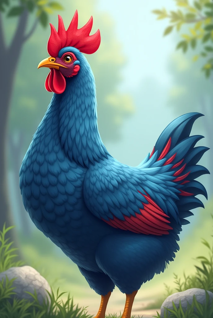 Blue hen, with red details on the wings, realistic anime style